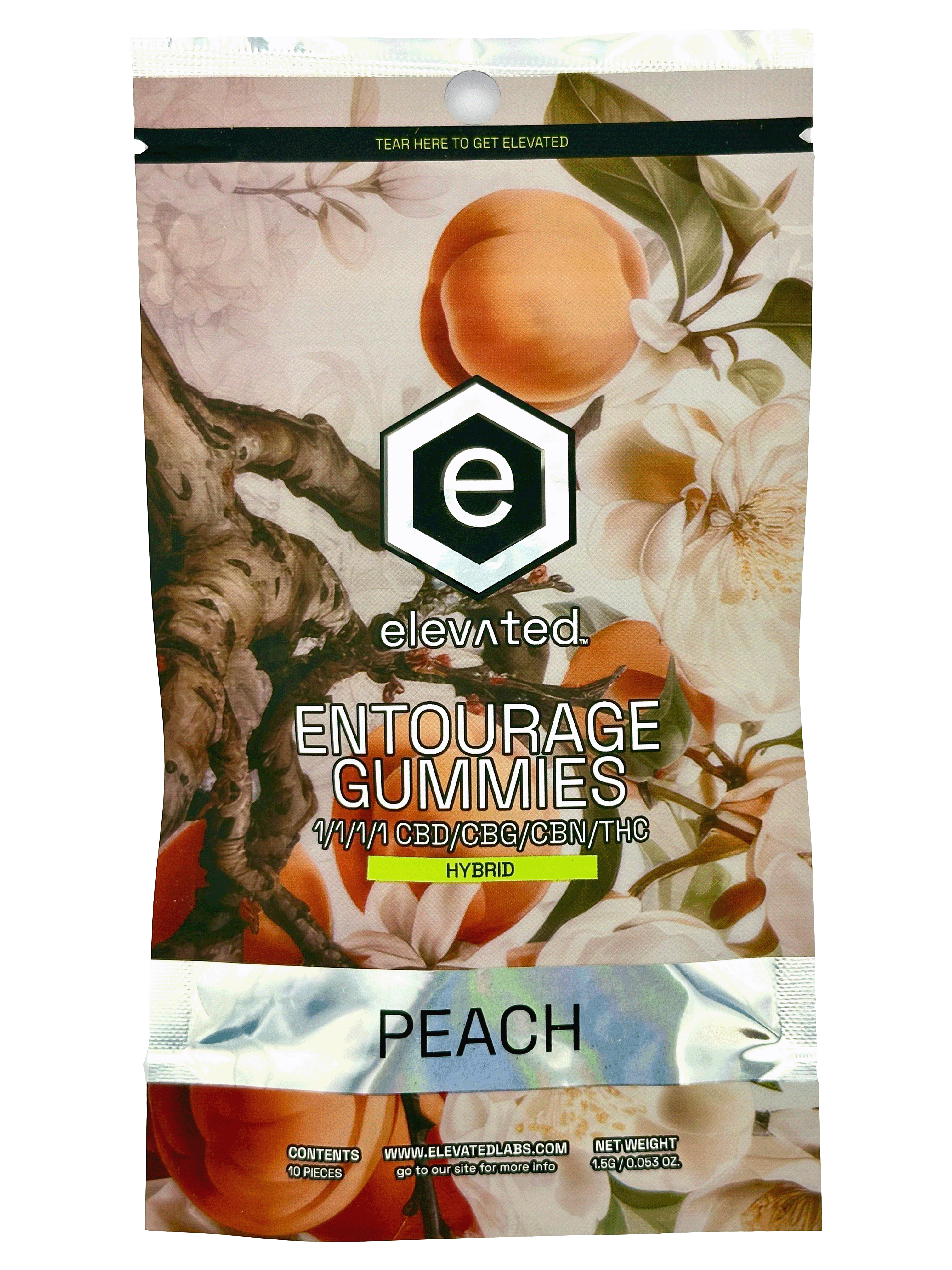 Photograph of product: Elevated - Gummies - Rare Peach ENTOURAGE (H) - 1:1:1:1 CBD:CBG:CBN:TH-oui 100mg