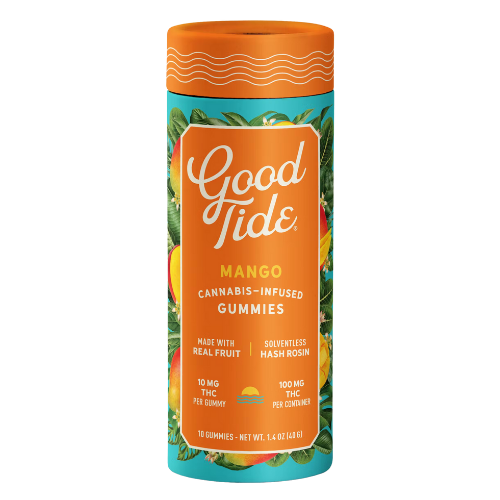 Photograph of product: Good Tide | Gummies | 10pk | Oui'd | Mango | Mellow | Single Strain Rosin | Vegan | 100mg