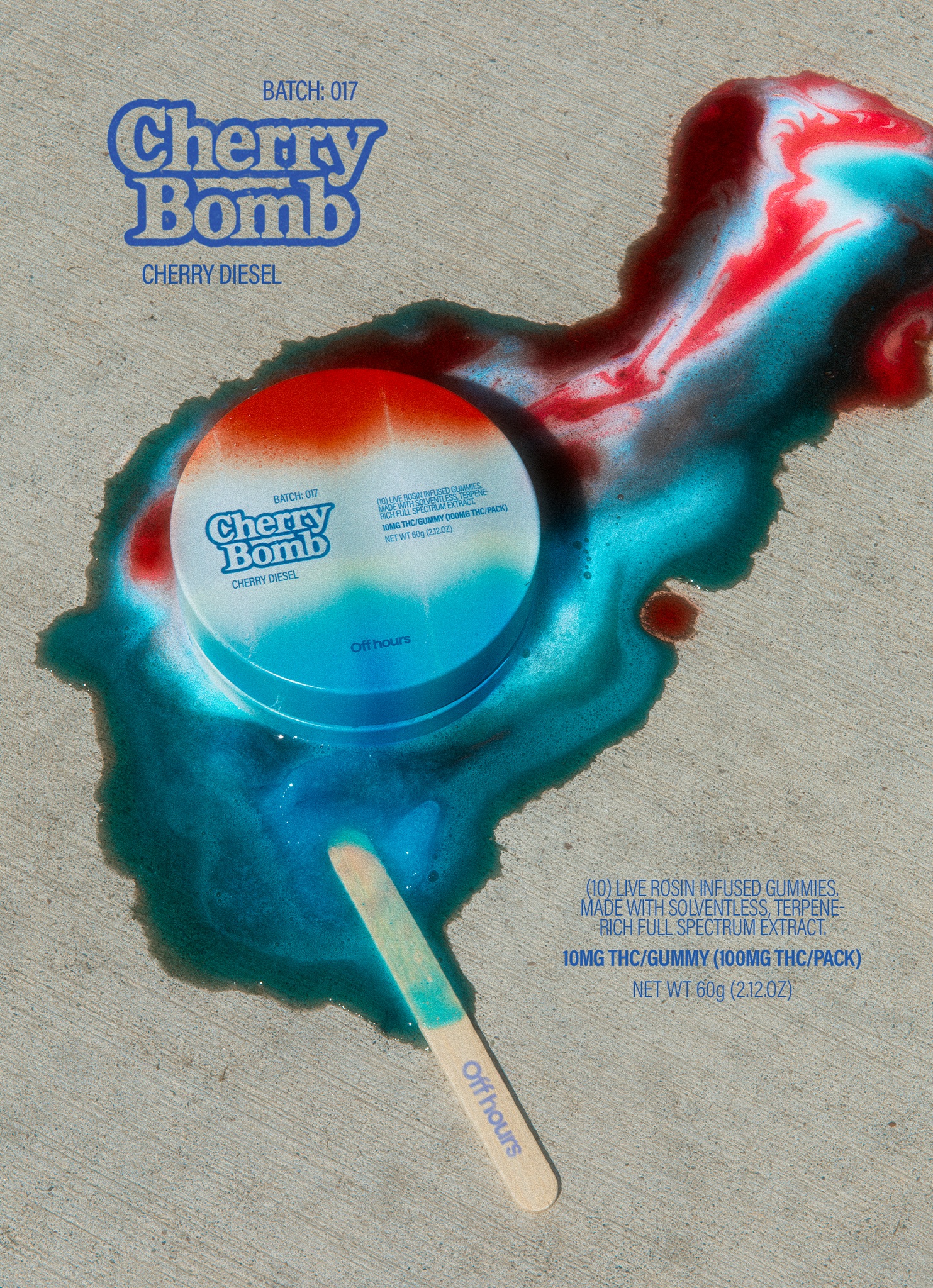 Photograph of product: Off Hours | Cherry Diesel " Bomb Pop" | 100MG Live Rosin Gummies