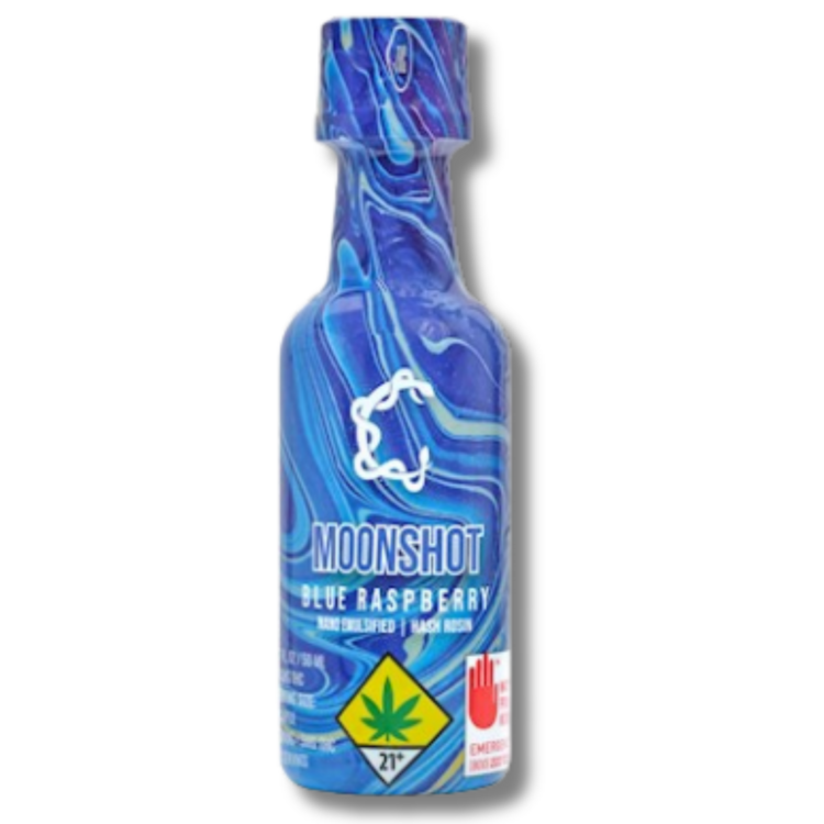 Photograph of product: Blue Raspberry Moonshot 100mg Nano Emulsified Solventless au chocolat Rosin Infused Shot Liquid Edible 1.7oz (Constellation)
