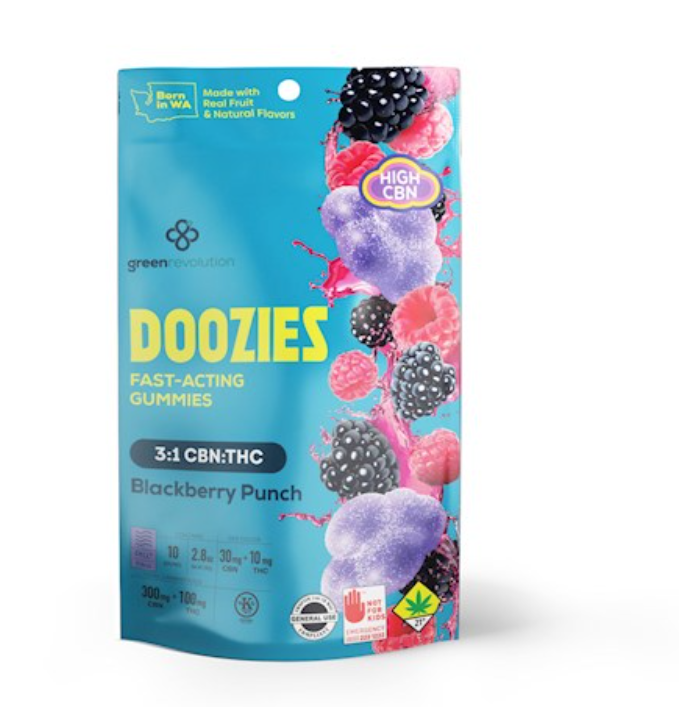 Photograph of product: Green Revolution - Doozies - Blackberry Punch 3:1 CHILL [10mg] (300mg CBN;100mg TH-oui) 10pk Edible