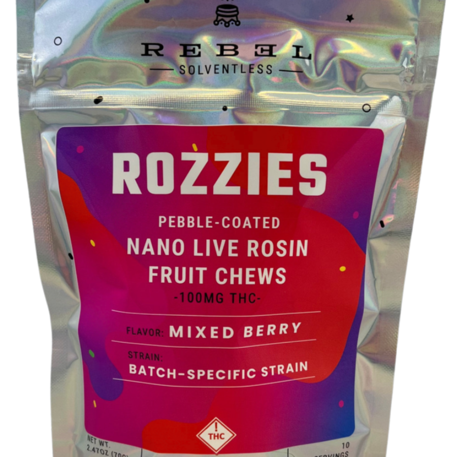 Photograph of Product: 100mg Live Rosin Fruit Chews | Rebel Edibles - | Mixed Berry