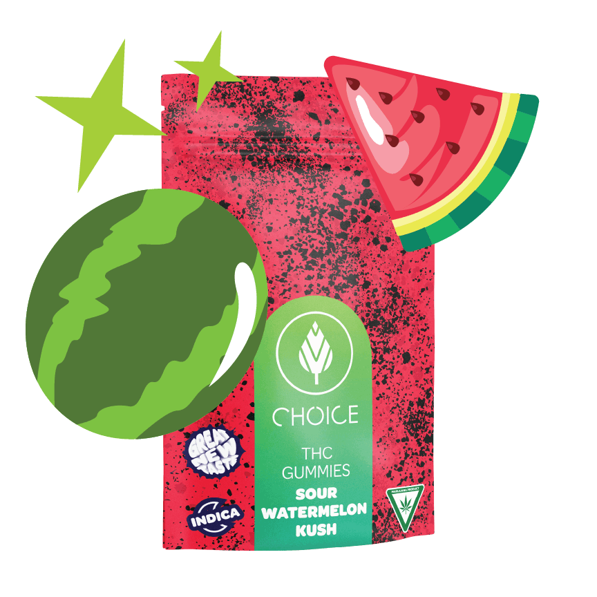 Photograph of product: Choice Chews - 100mg - Sour Watermelon Kush Gummies (Oui'd)