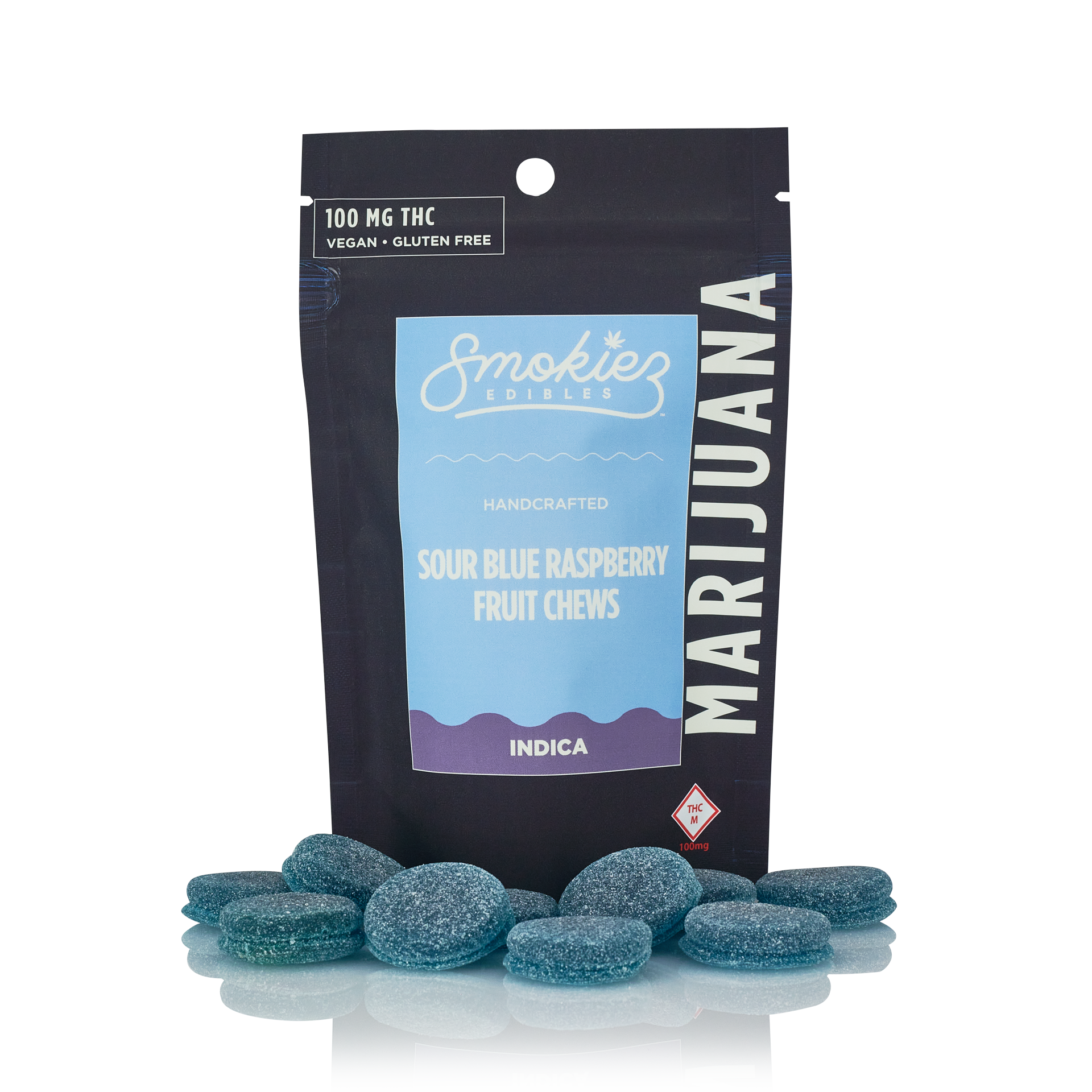Photograph of product: Sour Blue Raspberry | Oui'd | 100mg | Fruit Chews | Smokiez