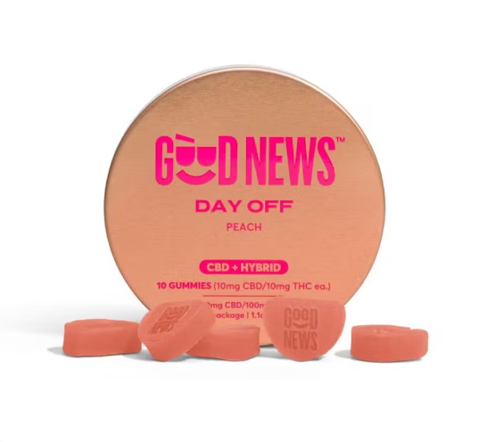 Photograph of product: Peach Day Off | 10mg TH-oui: 10mg CBD | 10pk | Gummy | Good News