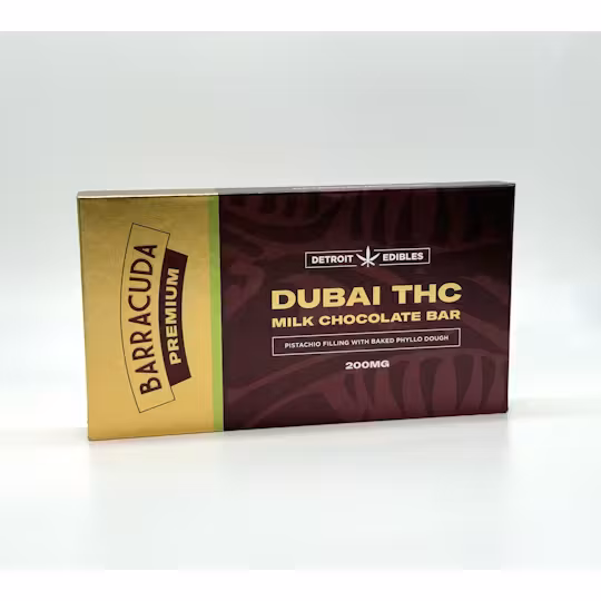 Photograph of product: Dubai Milk Chocolate Bar 200mg Premium Barracuda Bar by Detroit Edibles
