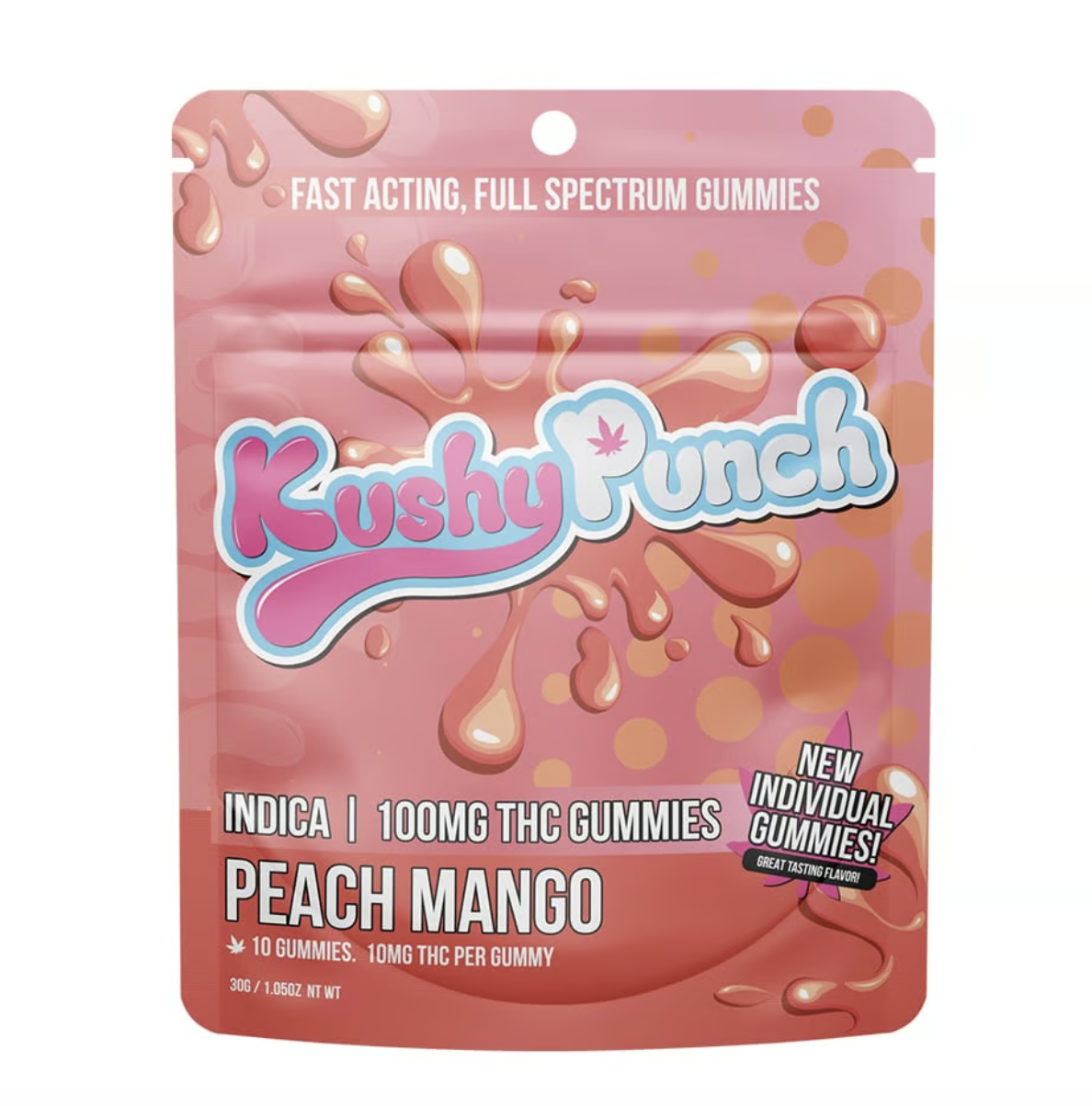 Photograph of product: KUSHY PUNCH PEACH MANGO FAST ACTING FULL SPECTRUM 10PK GUMMIES 100MG