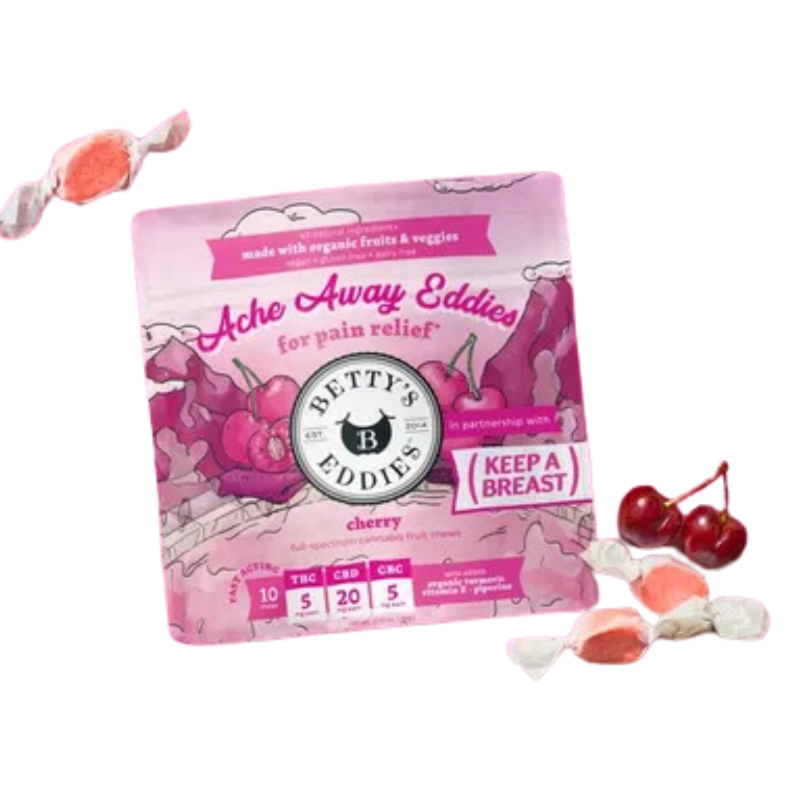 Photograph of product: BETTY'S EDDIES Achy Cherry | TH-oui 100mg CBD 400mg CBC 50mg 10pk