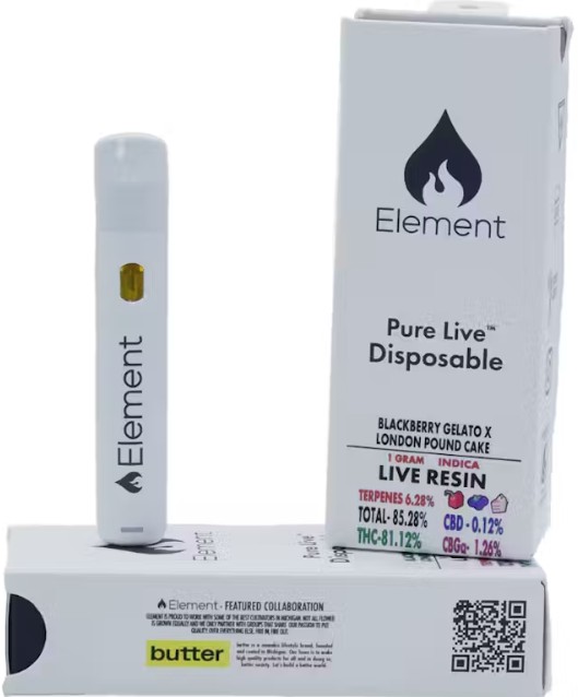 Photograph of product: Element - Blackberry Gelato x London Pound Cake - LR Disp Vape