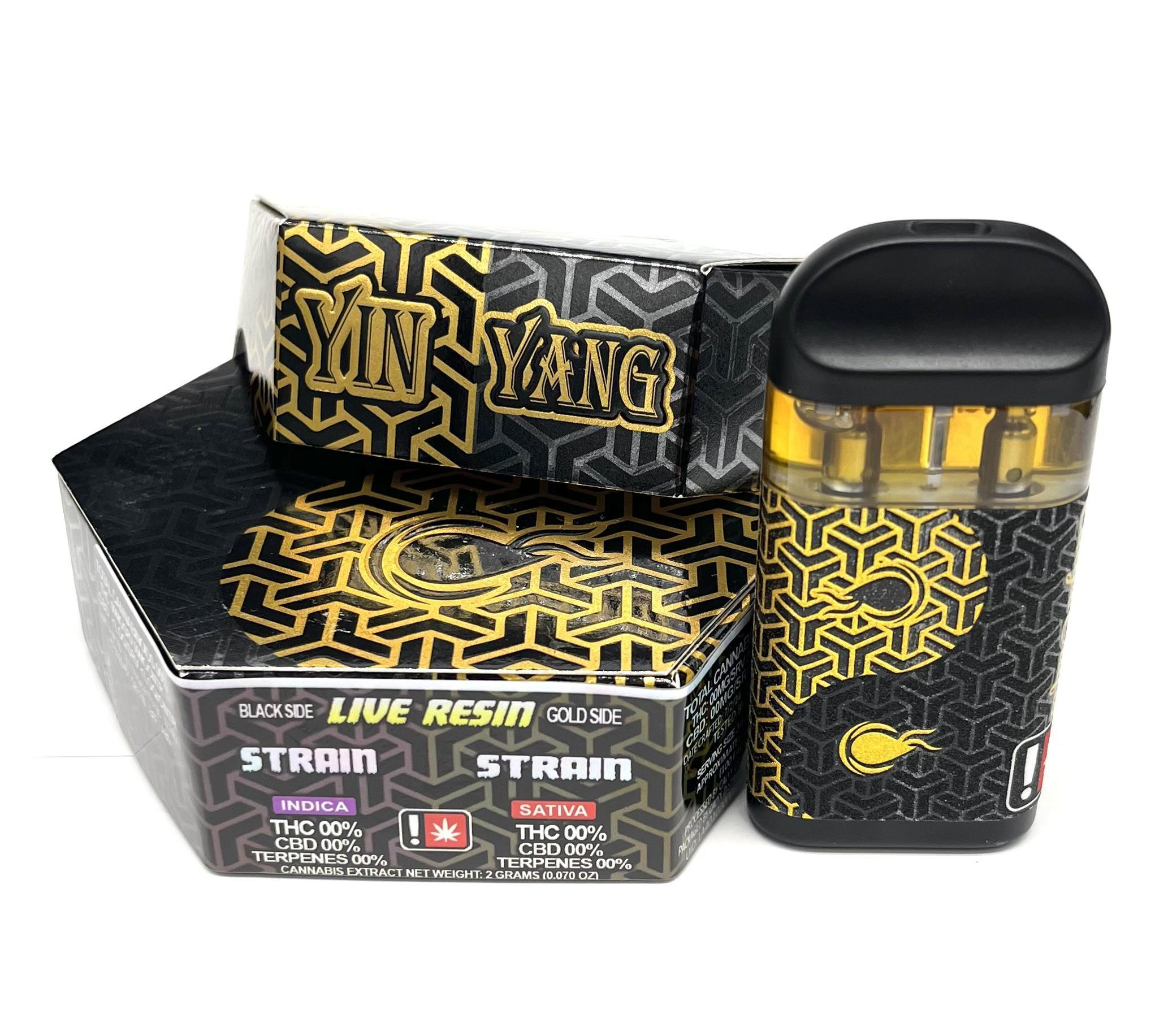 Photograph of product: CALYX | YIN YANG DUAL STRAIN LIVE RESIN | ALL-IN-ONE DEVICE | GARLIC BREATH / NEVILLE HAZE