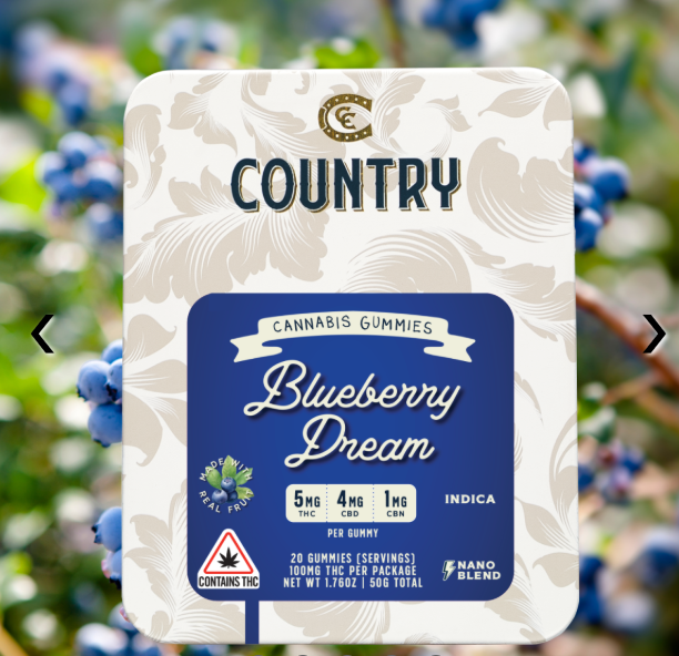 Photograph of product: Blueberry Dream Gummy | Country | 5:4:1 TH-oui:CBD:CBN 100mg 20 PK