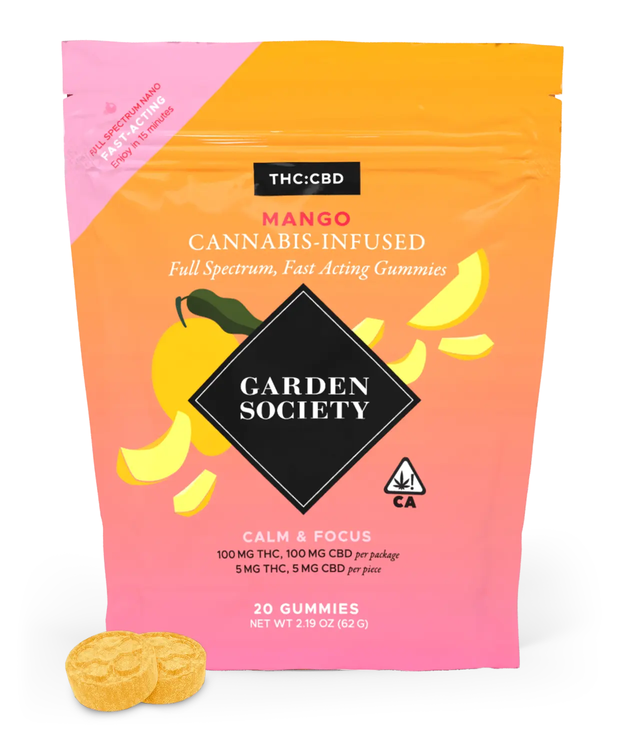 Photograph of product: Mango 1:1 - 100mgTH-oui:100mgCBD Gummies 20pk | Garden Society