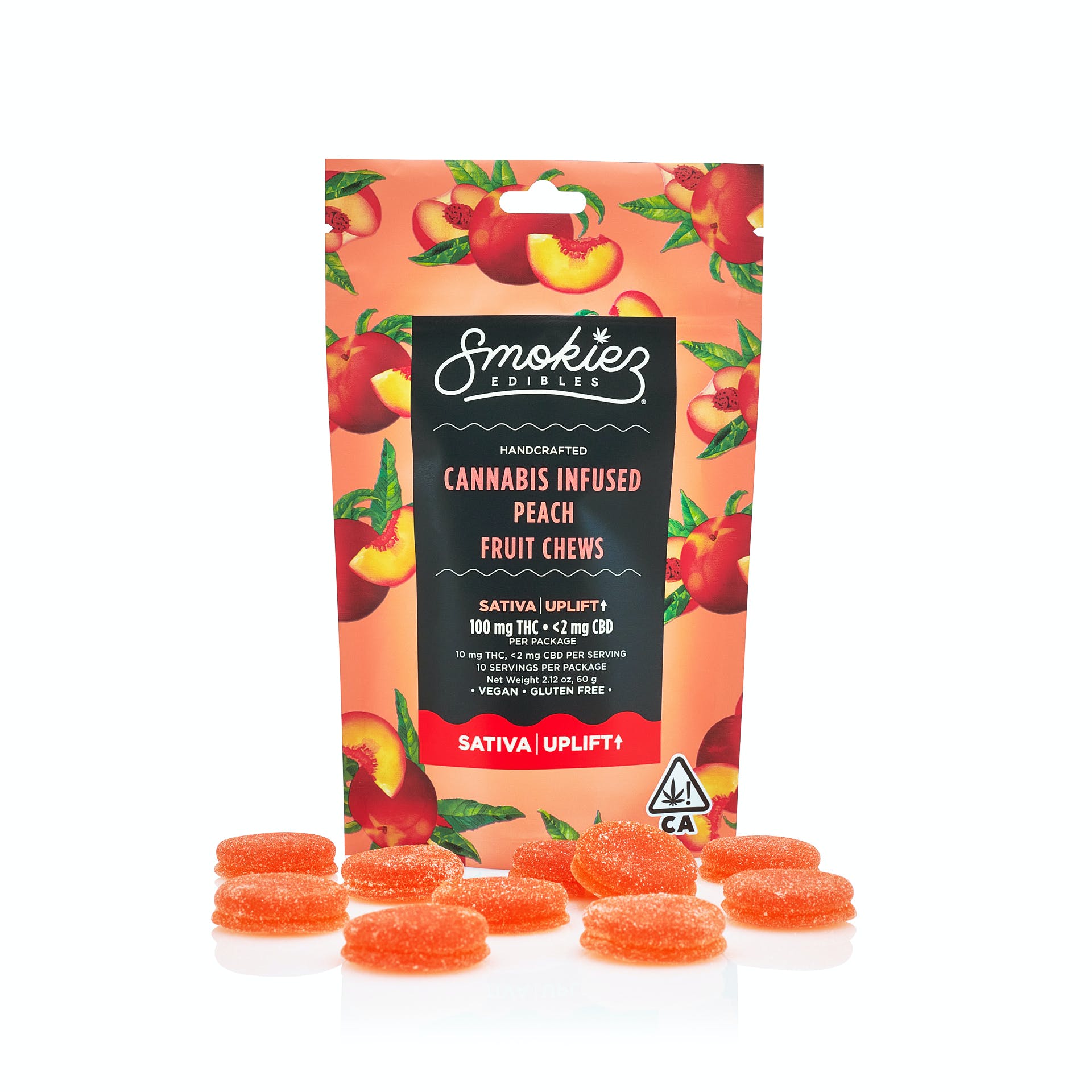Photograph of product: Smokiez Edibles- Peach Oui'd | UPLIFT 100mg Fruit Chews