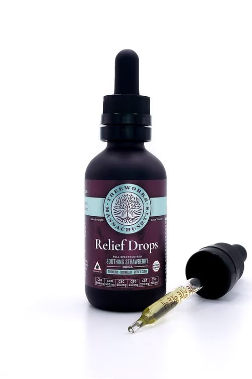 Photograph of product: Treeworks Relief Drops RSO Soothing Strawberry 5:3:3:1:1:1 CBD:CBN:CBG:CBC:CBT:TH-oui - 100mg
