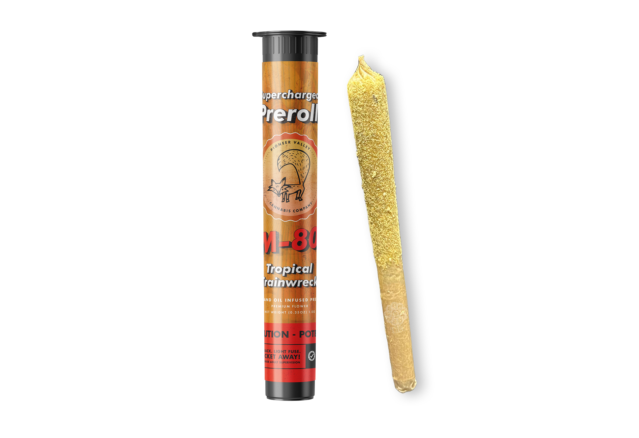 Photograph of product: Tropical Trainwreck Distillate + Kief Infused M80 Pre-Roll | 1g