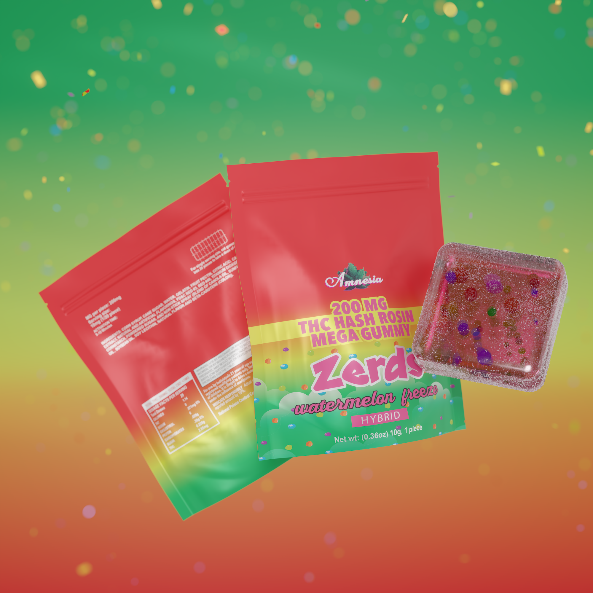 Photograph of product: Amnesia - 200mg Zerds au chocolat Rosin Single Gummy - Watermelon Freeze