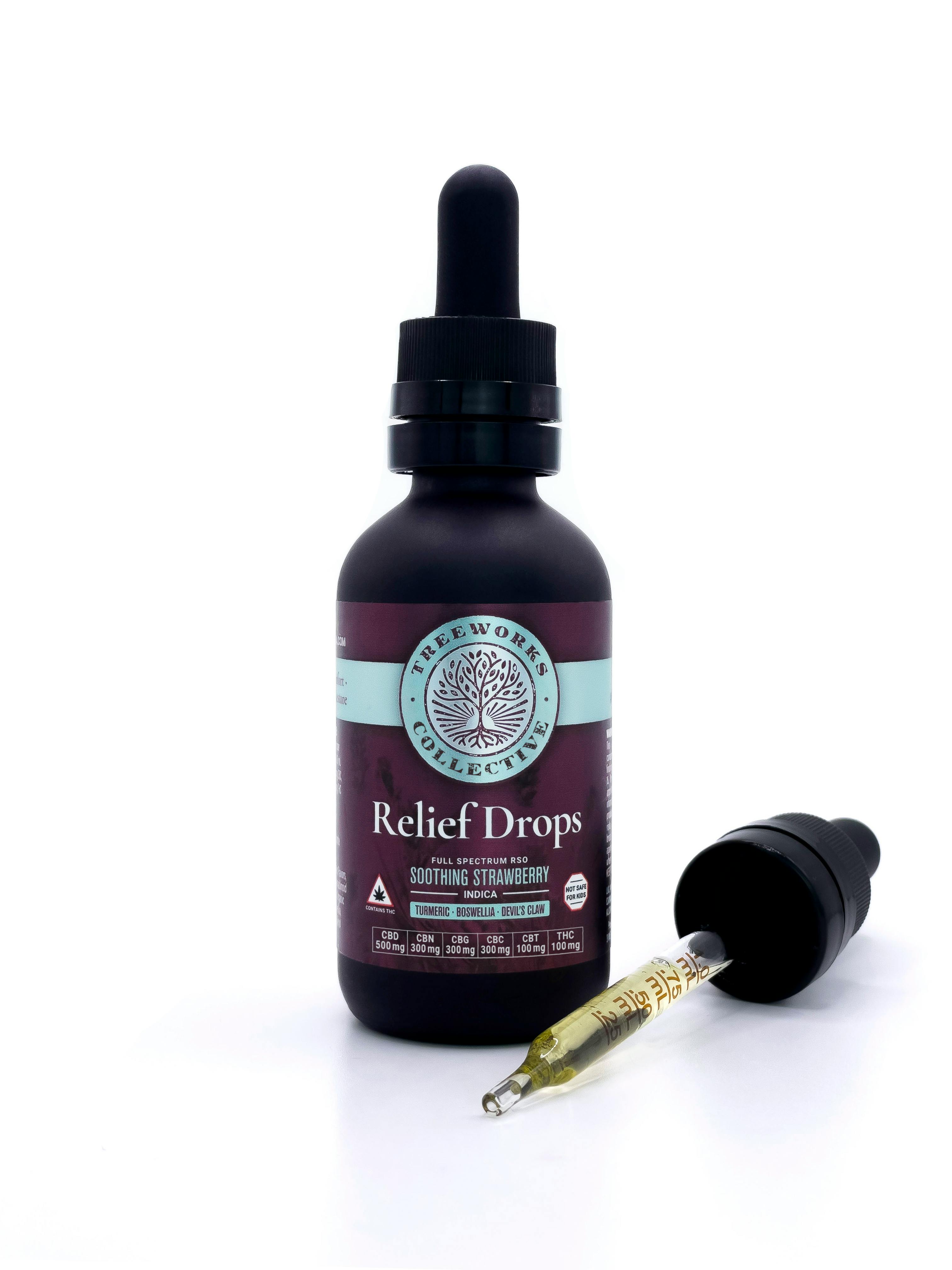 Photograph of product: Relief Drops | Soothing Strawberry | 2:9:6:4:6| CBD:CBN:CBG:CBC:CBT:TH-oui | 1400mg Tincture (Vegan) (Gluten & Sugar Free)