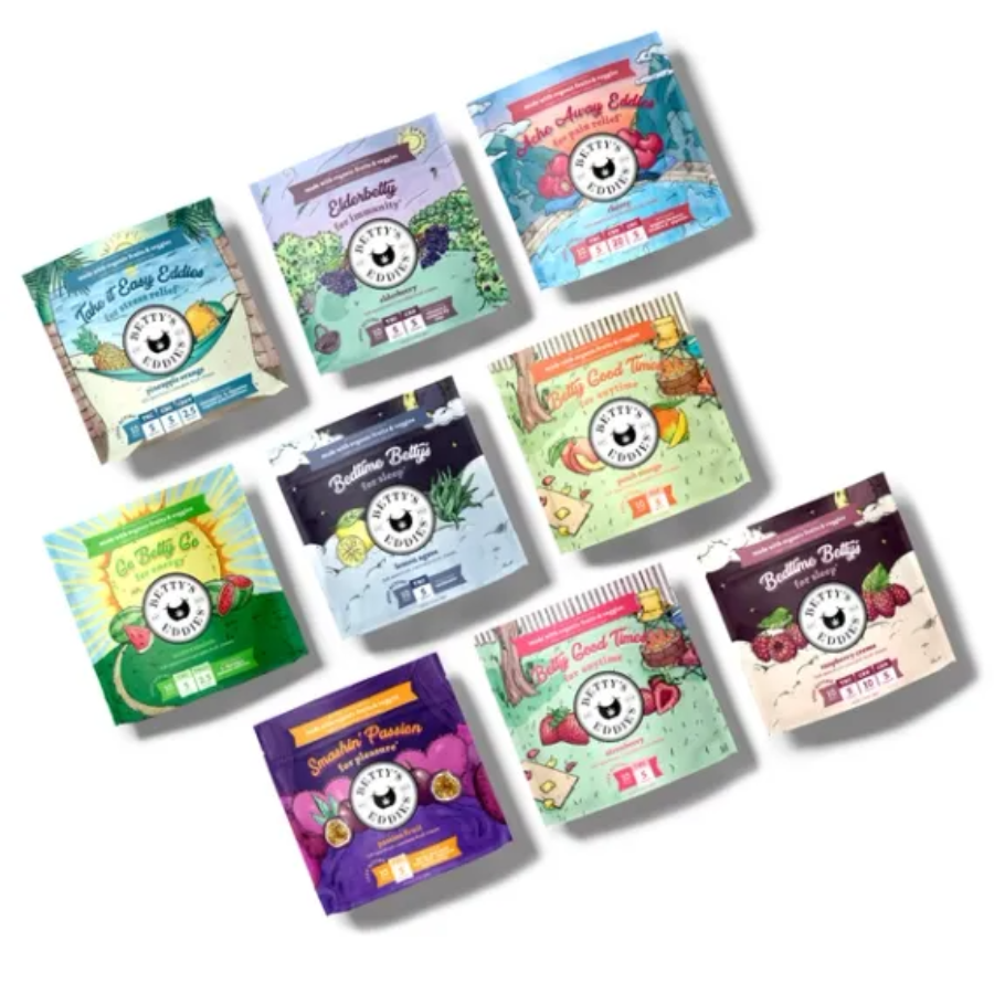 Photograph of product: Betty's Eddies 10mg Cherry Achy Chews - 100mg TH-oui:400mg CBD:50mg CBC