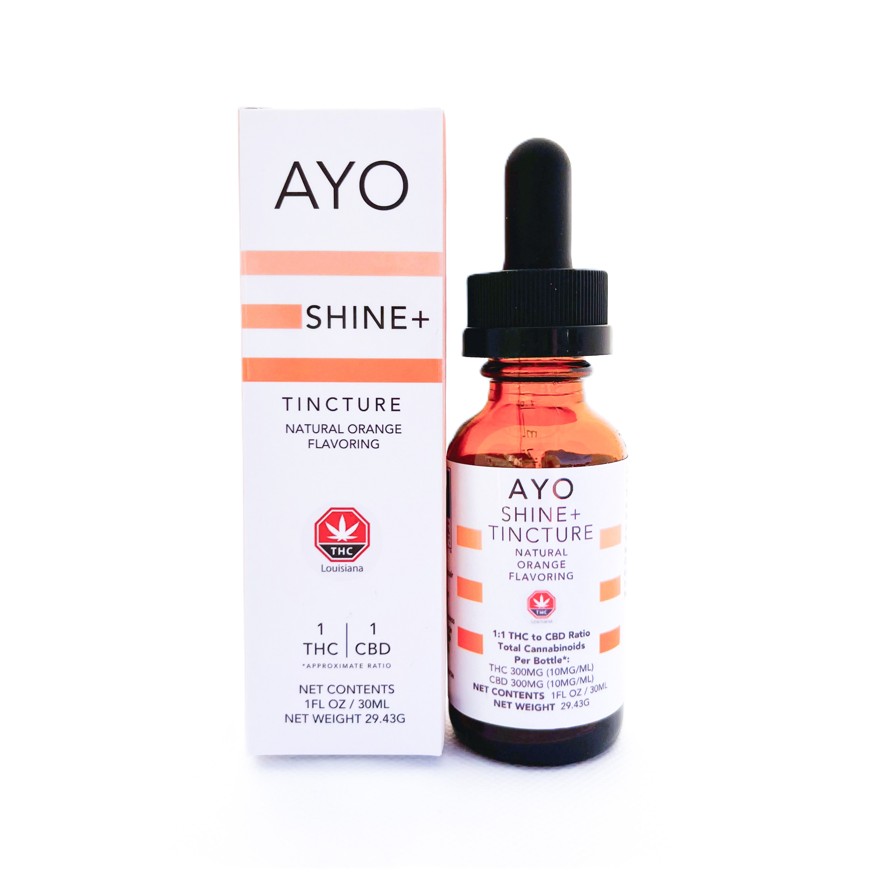 Photograph of product: Ayo: Tincture | Shine+ 1:1 | TH-oui:CBD | Orange | 30mL