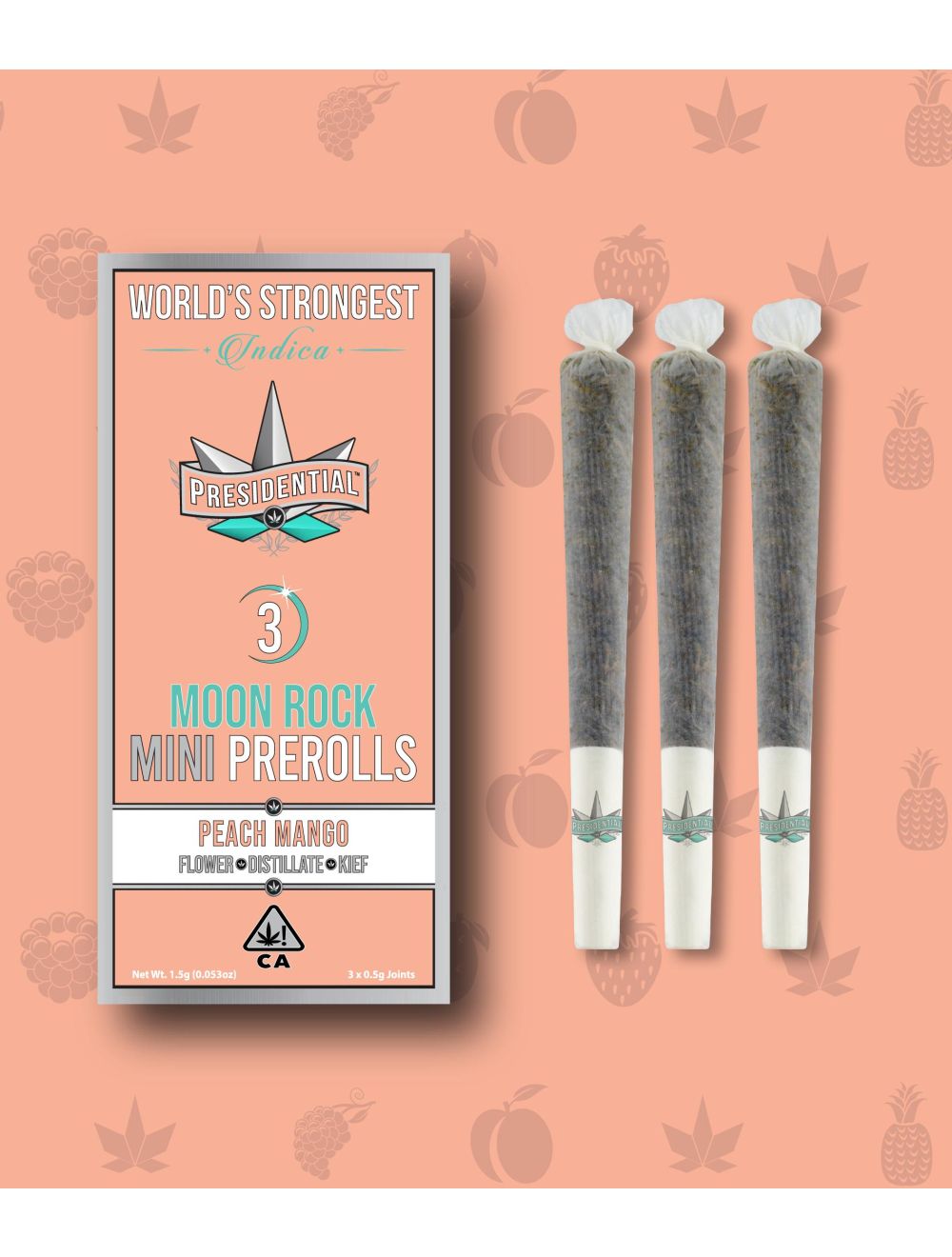 Photograph of product: Presidential - Peach Mango - Moon Rock - Mini - Multi Infused Joint - 3ct - 1.5g