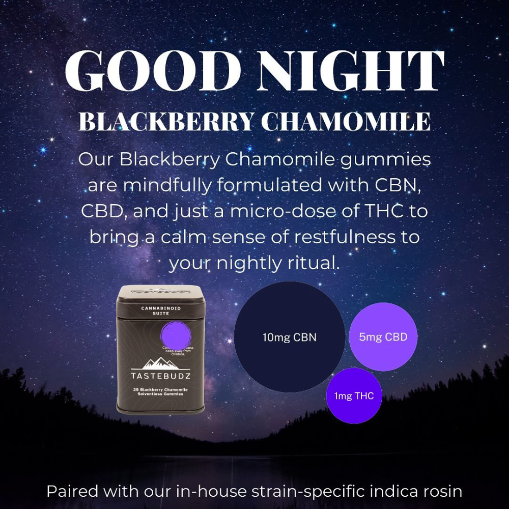Photograph of product: Blackberry Chamomile 5:1 CBN:CBD Rosin Gummies 20mg