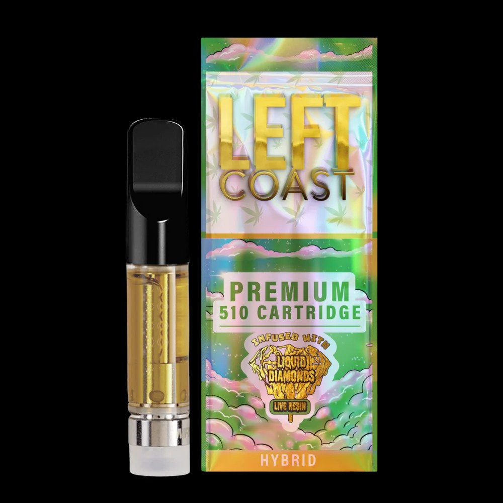 Photograph of product: LEFT COAST | LIQUID DIAMONDS LIVE RESIN VAPE CART | CHERRY PIE | 1G