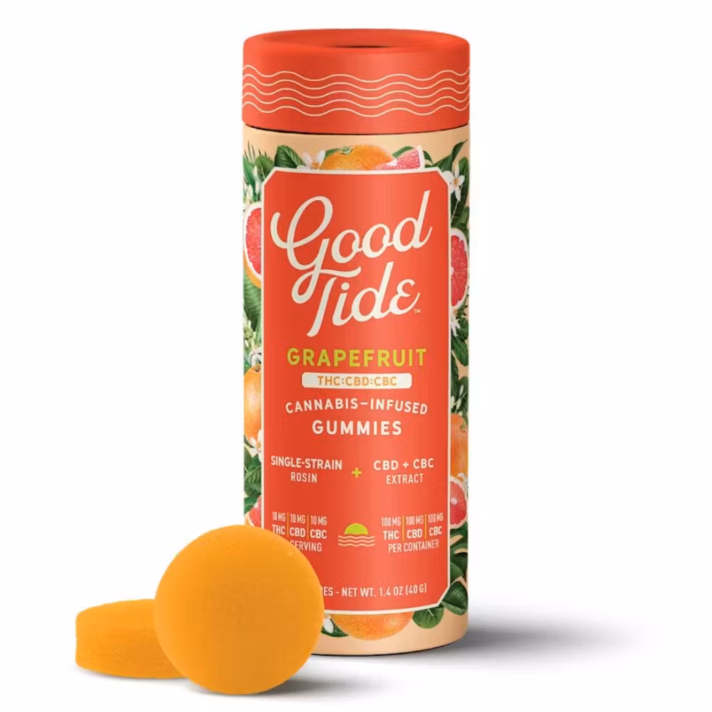 Photograph of product: Good Tide - Grapefruit "Blissful" Gummies - 10mg THC: 10mg CBD: 10mg CBC - 10ct