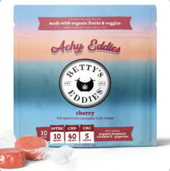 Photograph of product: BETTY'S EDDIES ACHE AWAY EDDIES CHERRY FRUIT CHEW 10PK 100MG