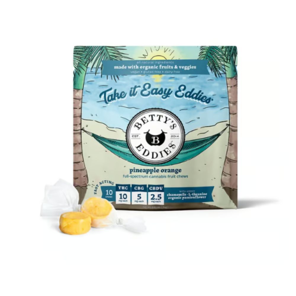 Photograph of product: Betty's Eddies | Pineapple Orange 4:2:1 TH-oui:CBG:CBDV Chews 10pk | 100mg