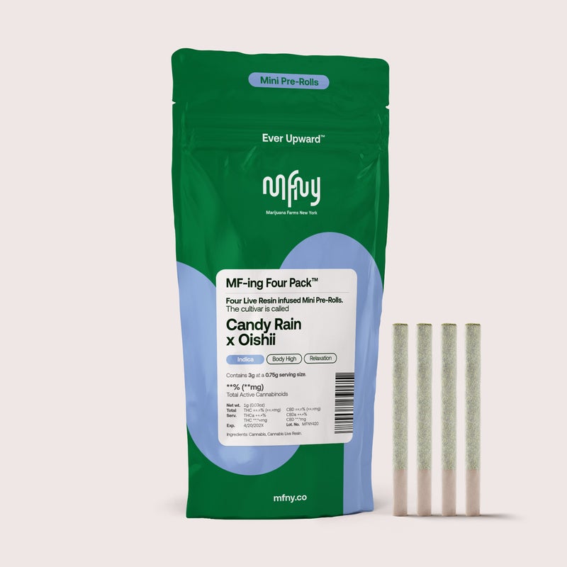 Photograph of product: MFNY | Candy Rain x Oishii Live Resin | .75G 4PK Infused Pre-Rolls