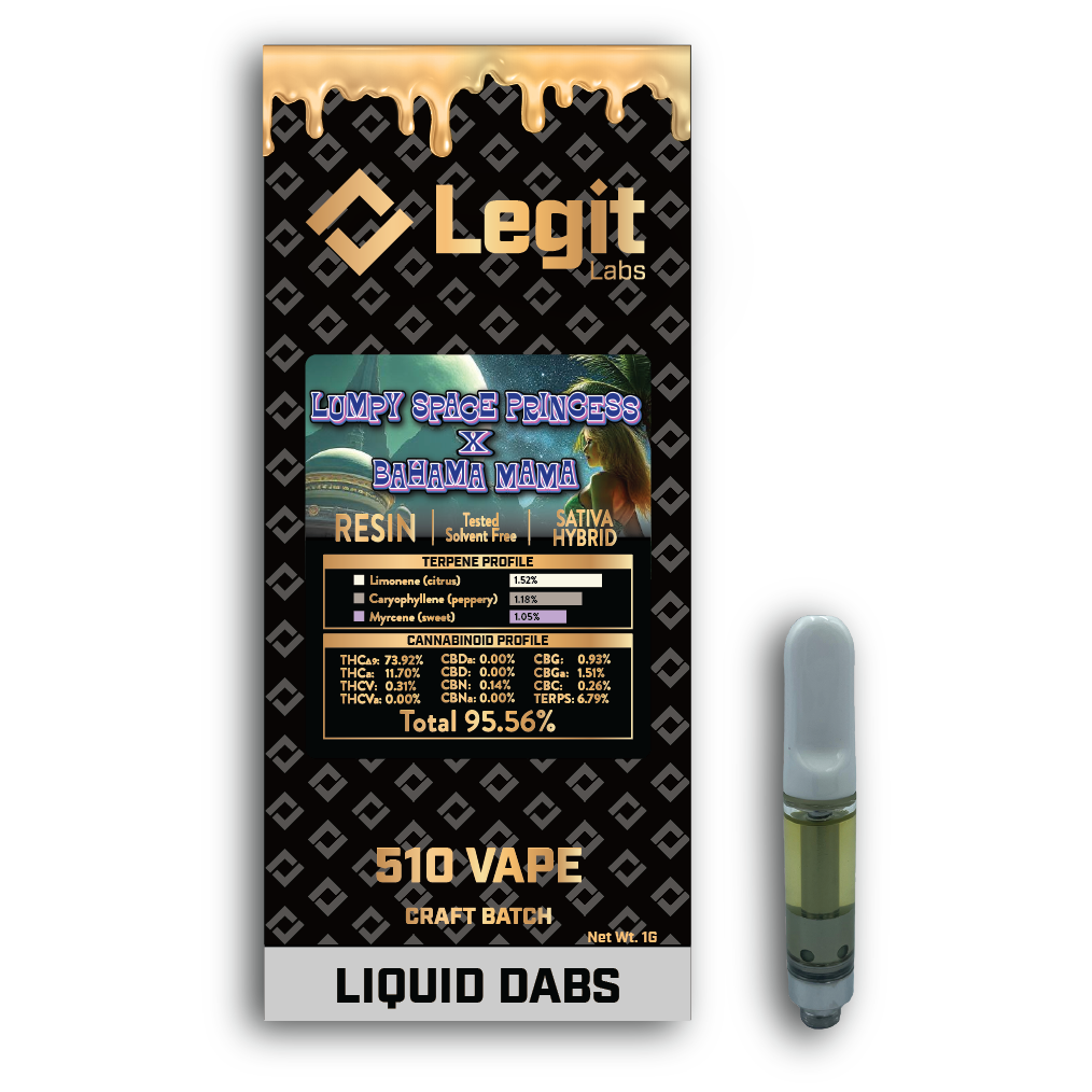 Photograph of product: Legit Labs - Lumpy Space Princess x Bahama Mama Resin Cartridge 1g