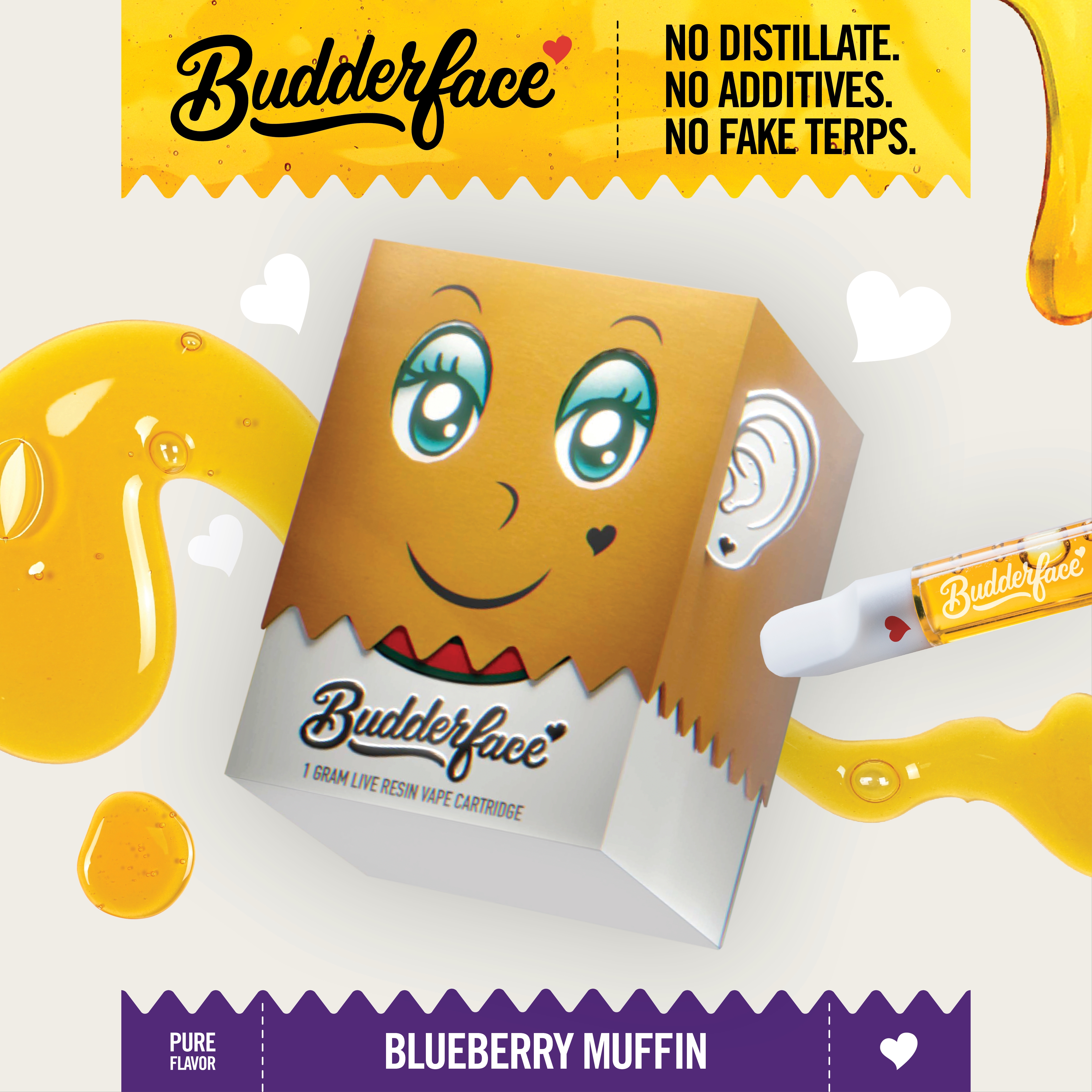 Photograph of product: BUDDERFACE | Blueberry Muffin | 1G | Artisanal Live Resin 510 Vape Cart