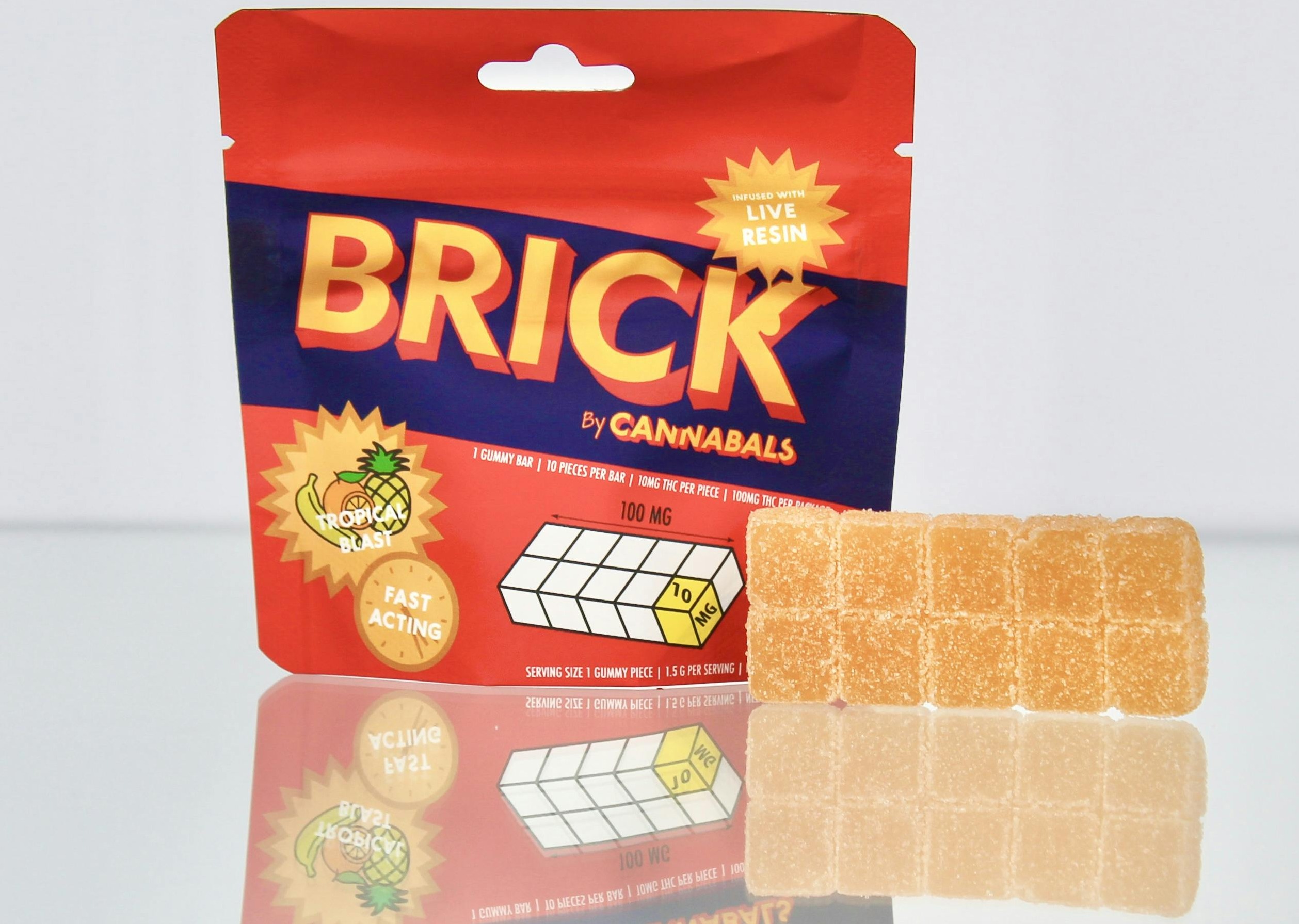 Photograph of product: CANNABALS BRICK | Gummies | 10pc | Hybrid | Tropical Blast | Live Resin Infused | Fast Acting | 100mg