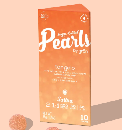 Photograph of product: E104 | Gron | Tangelo Pearls | Oui'd | 100mg | 2:1:1 TH-oui:CBC:CBG