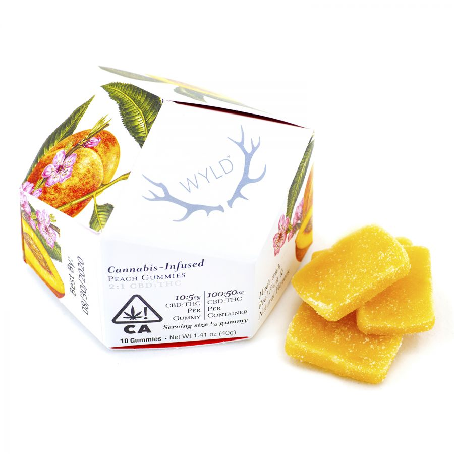 Photograph of product: WYLD Peach 2:1 CBD:TH-oui Gummies