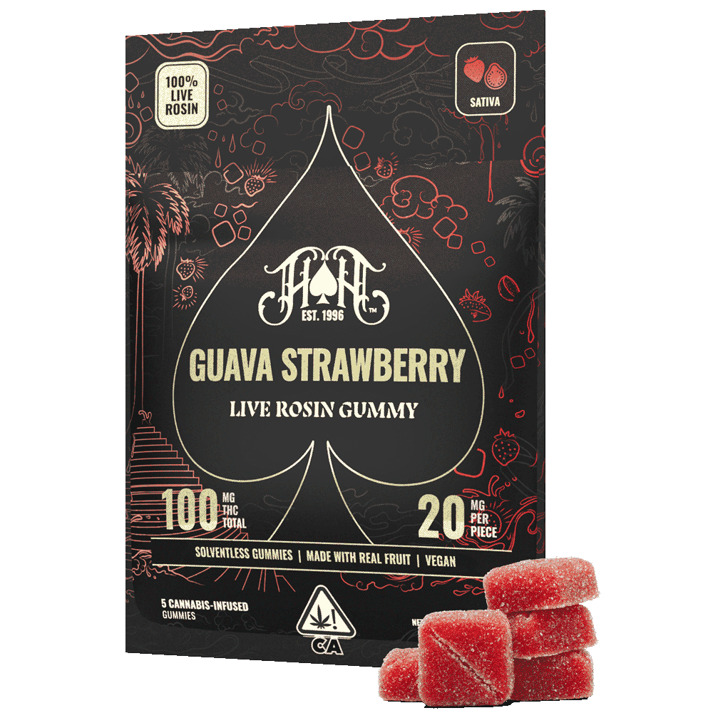 Photograph of product: GUAVA STRAWBERRY LIVE ROSIN GUMMY 5 PACK 100MG
