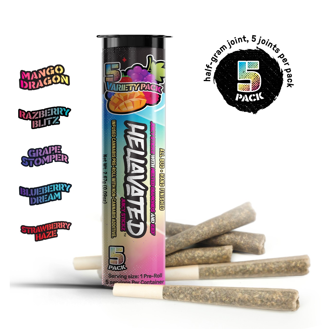 Photograph of product: Infused Preroll Pack (Flavored) | Hellavated Juicy Stickz | Variety Pack | .5g 5pk *[Dime Store Deal]