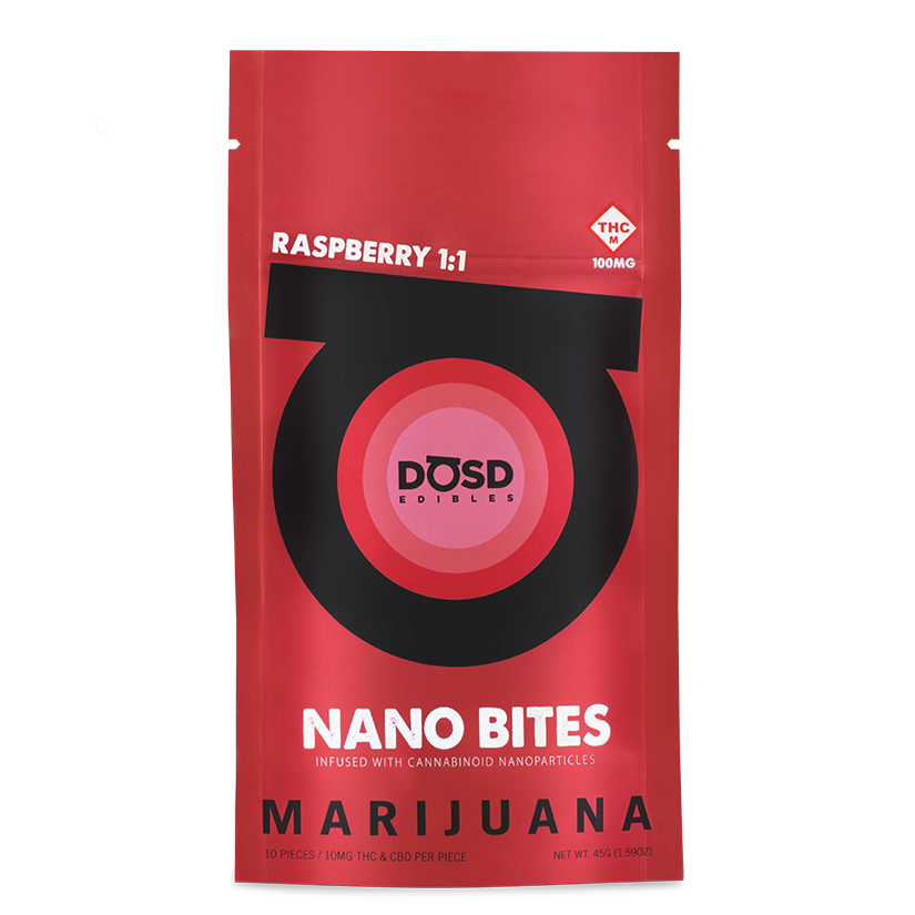 Photograph of product: DOSD EDIBLES 100MG 1:1 RED RASPBERRY NANO BITES CBD:TH-oui
