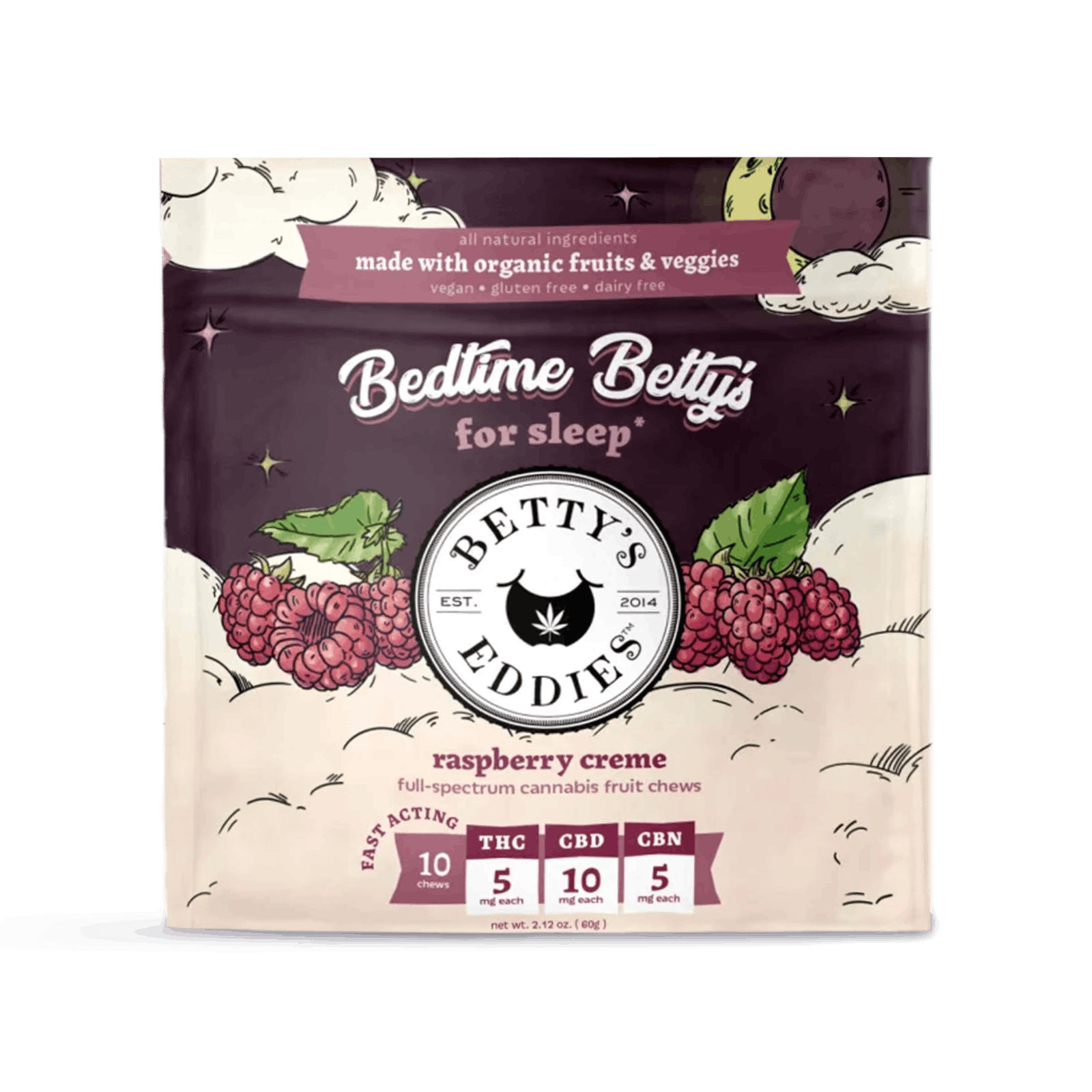 Photograph of product: Betty's Eddies Raspberry Creme (I) 1:2:1 TH-oui:CBD:CBN Chews 50mg 10pk