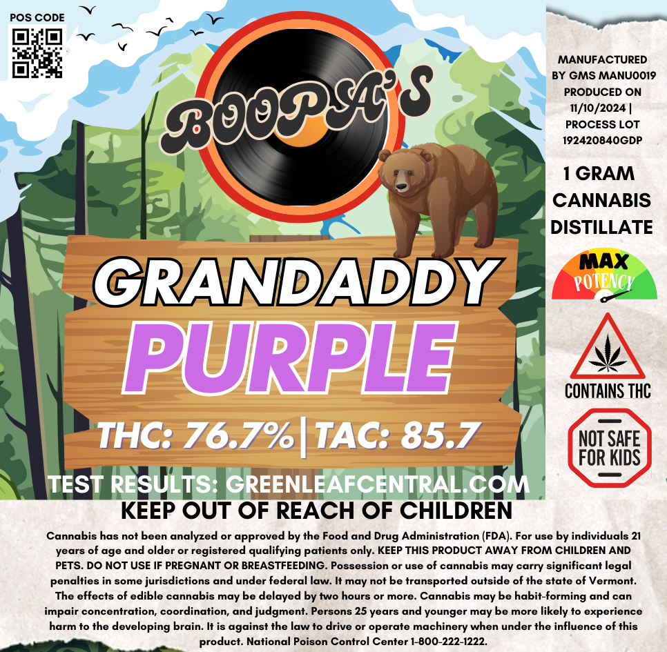 Photograph of product: Grandaddy Purple | 1g Distillate Vape Cart | Boopa