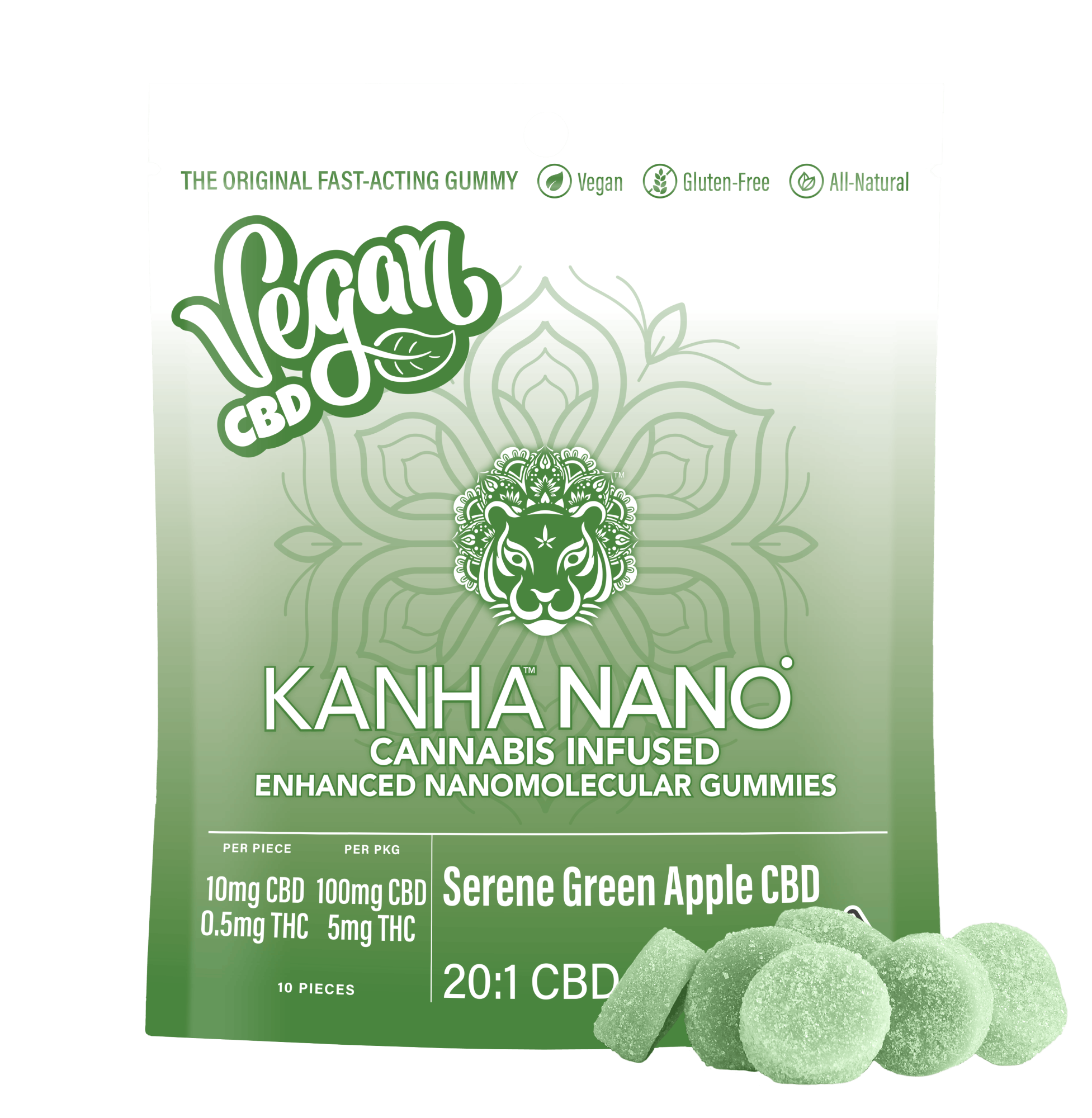 Photograph of product: Kanha Nano - Vegan CBD 20:1 Serene Green Apple Gummies 10 Pack (105mg)