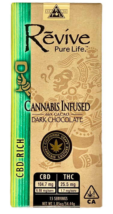 Photograph of product: Revive Pure Life | CBD Rich Rosin Infused Dark Chocolate | 46.8G