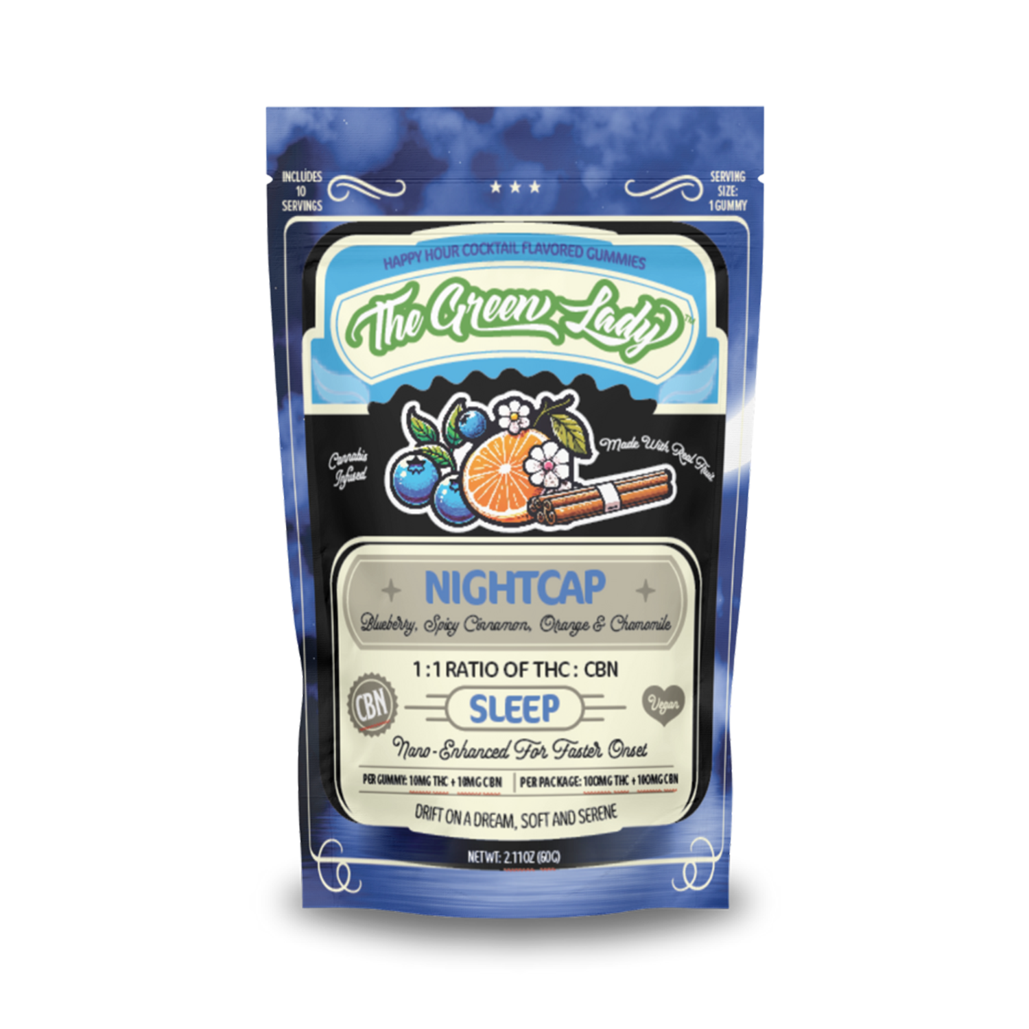 Photograph of product: the Green Lady | 1:1 Nightcap Blueberry, Chamomile & Cinnamon Gummies | 10mgTH-oui:10mgCBN | 10pk