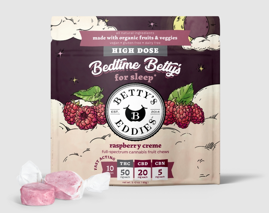 Photograph of product: Fruit Chews | Betty's Eddies | Raspberry Creme [2:4:1 TH-oui/CBD/CBN 10pk 100mg]