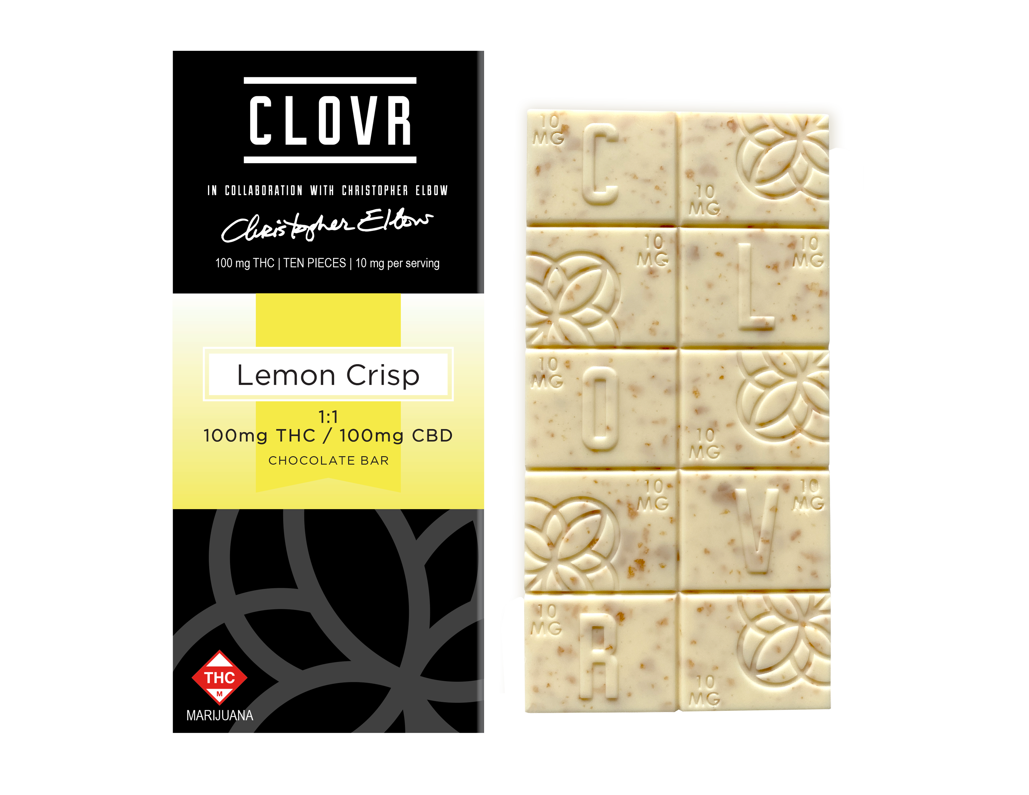 Photograph of product: Clovr | Chocolate Bar | Lemon Crisp 1:1 100mg