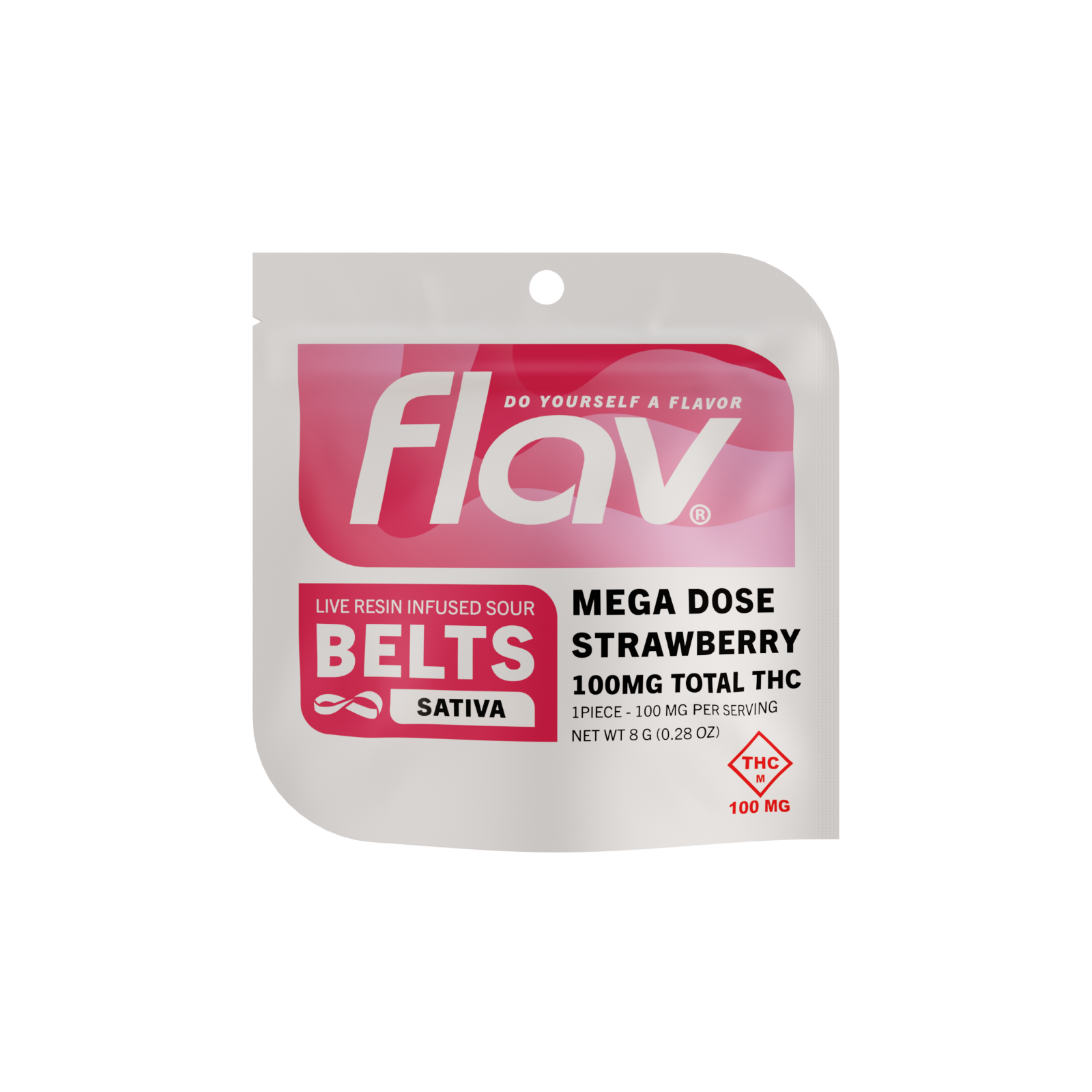 Photograph of product: FLAV - SOUR STRAWBERRY MEGA DOSE LIVE RESIN GUMMY BELT 100MG