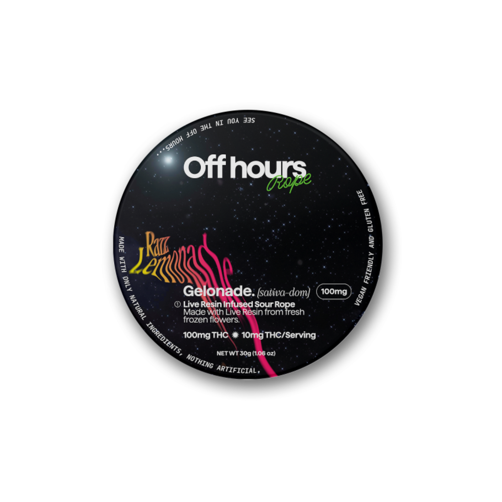 Photograph of product: Off Hours | Gelonade / Sour Raspberry Lemonade  | 10pk Live Resin Rope Gummies