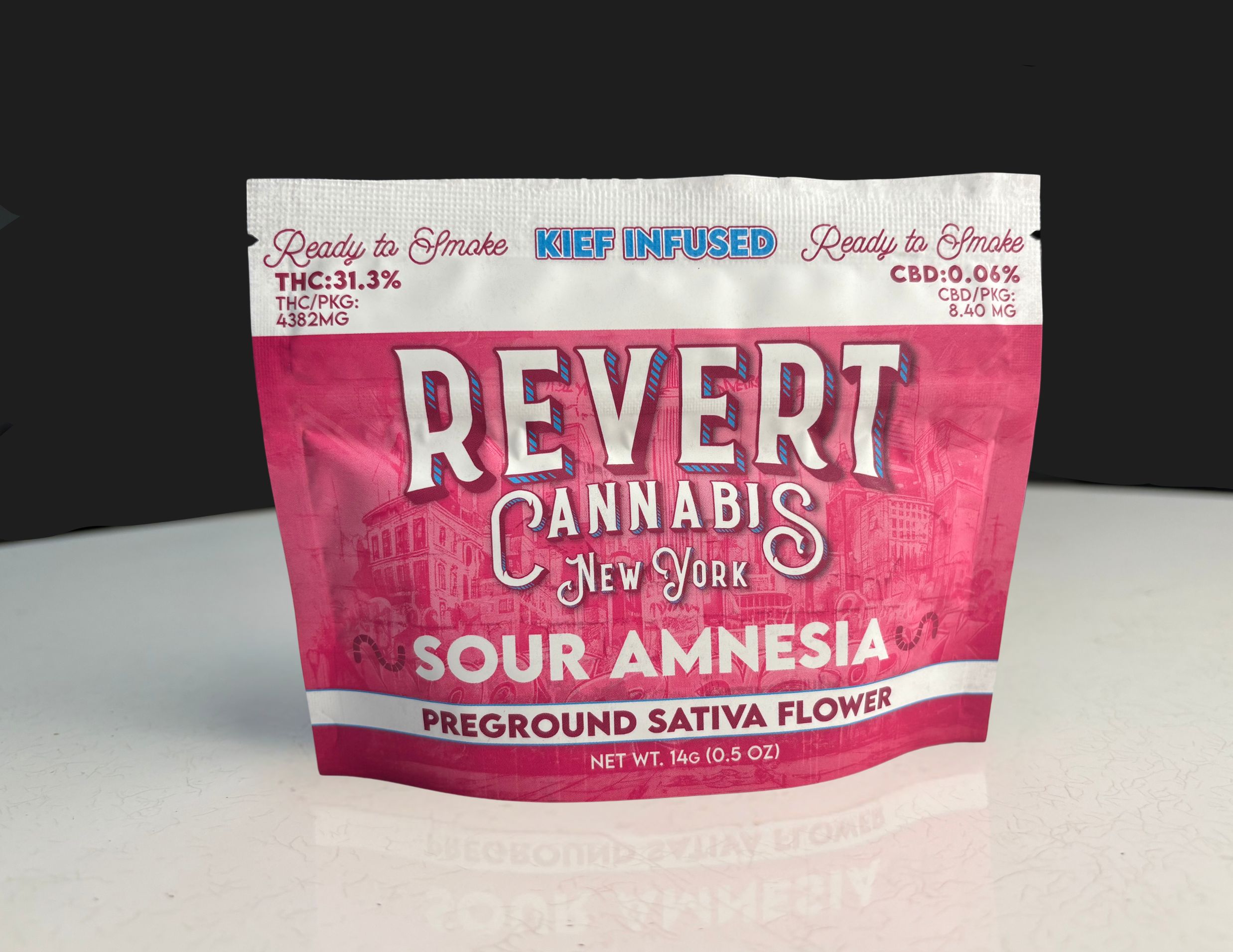 Photograph of product: Revert: Ready to Smoke Sour Amnesia Oui'd Kief Infused Ground Flower - 14g