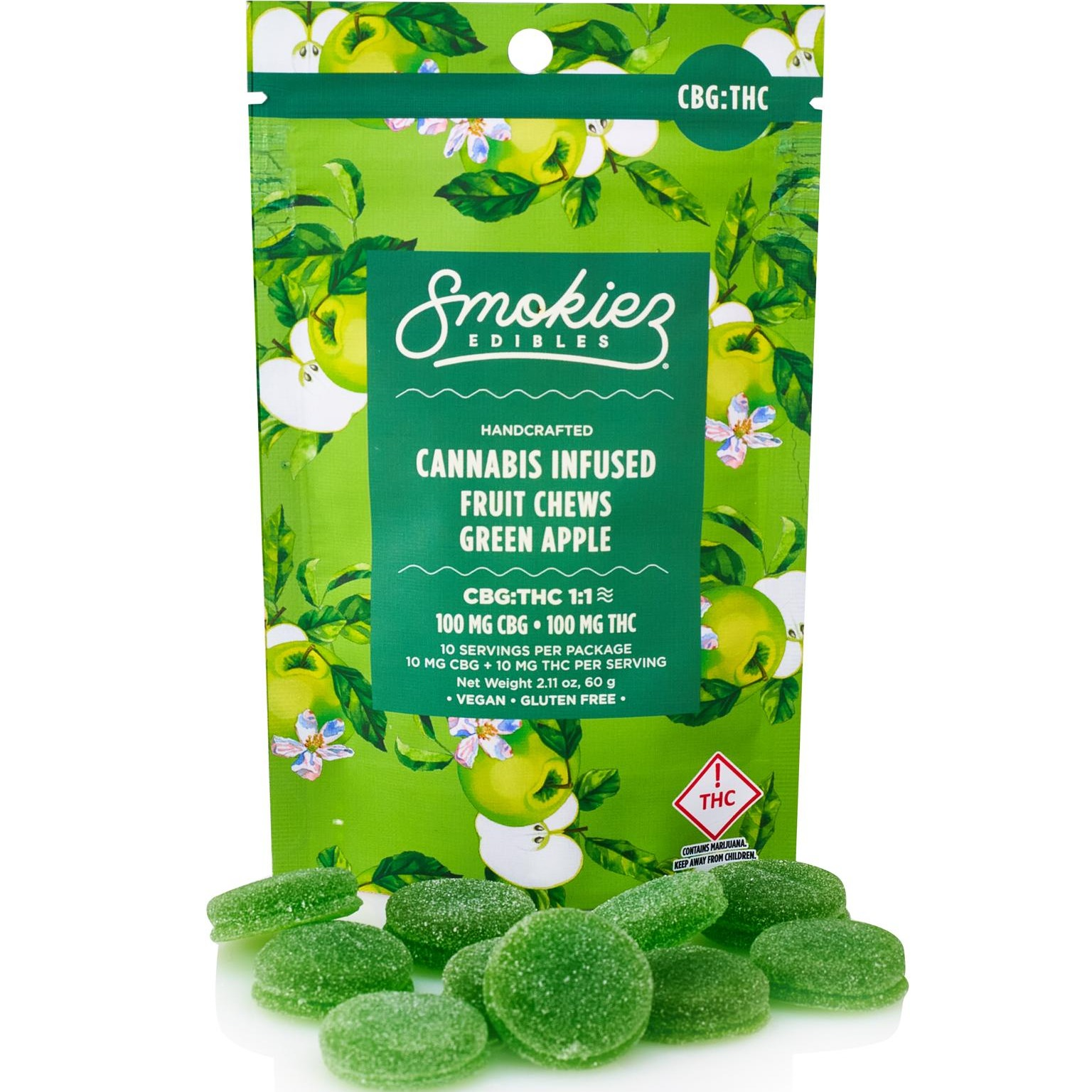 Photograph of product: Green Apple (H) - (1:1 TH-oui:CBG) - 100mg Gummies - Smokiez
