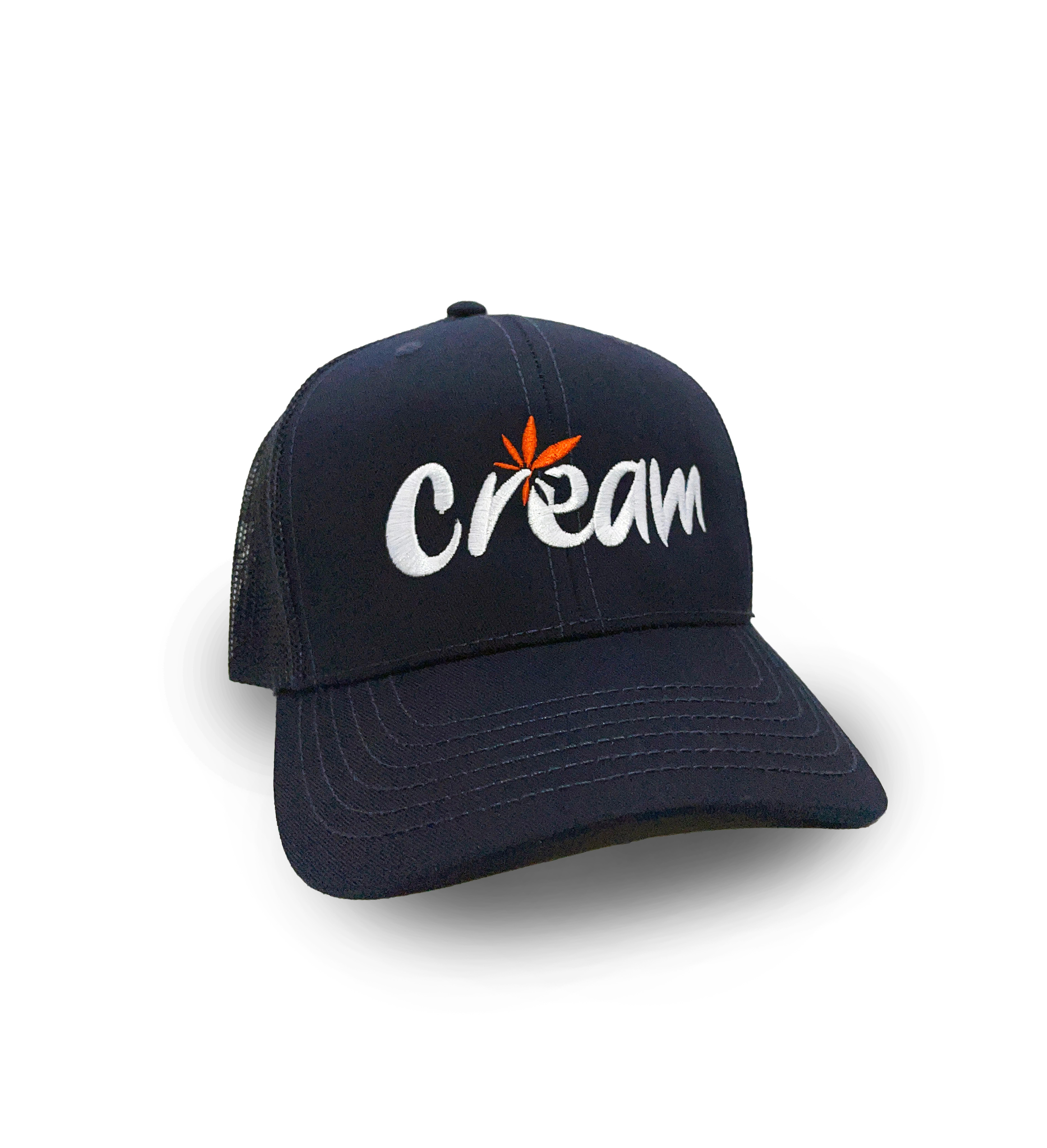 Photograph of product: Navy Trucker Hat with Cream Logo
